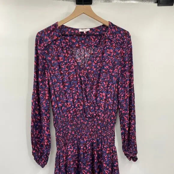 Parker Elizabeth Floral Long Sleeve Midi Dress Silk Blend Blouson Faux Wrap L - Picture 3 of 10